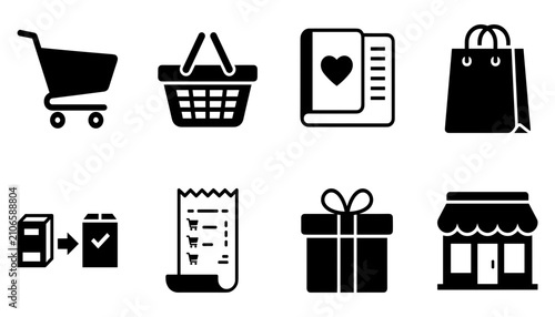 Фотография Shopping Cart Icons Set with Basket, Receipt, Bag, Documents, Gift Box, and Stor