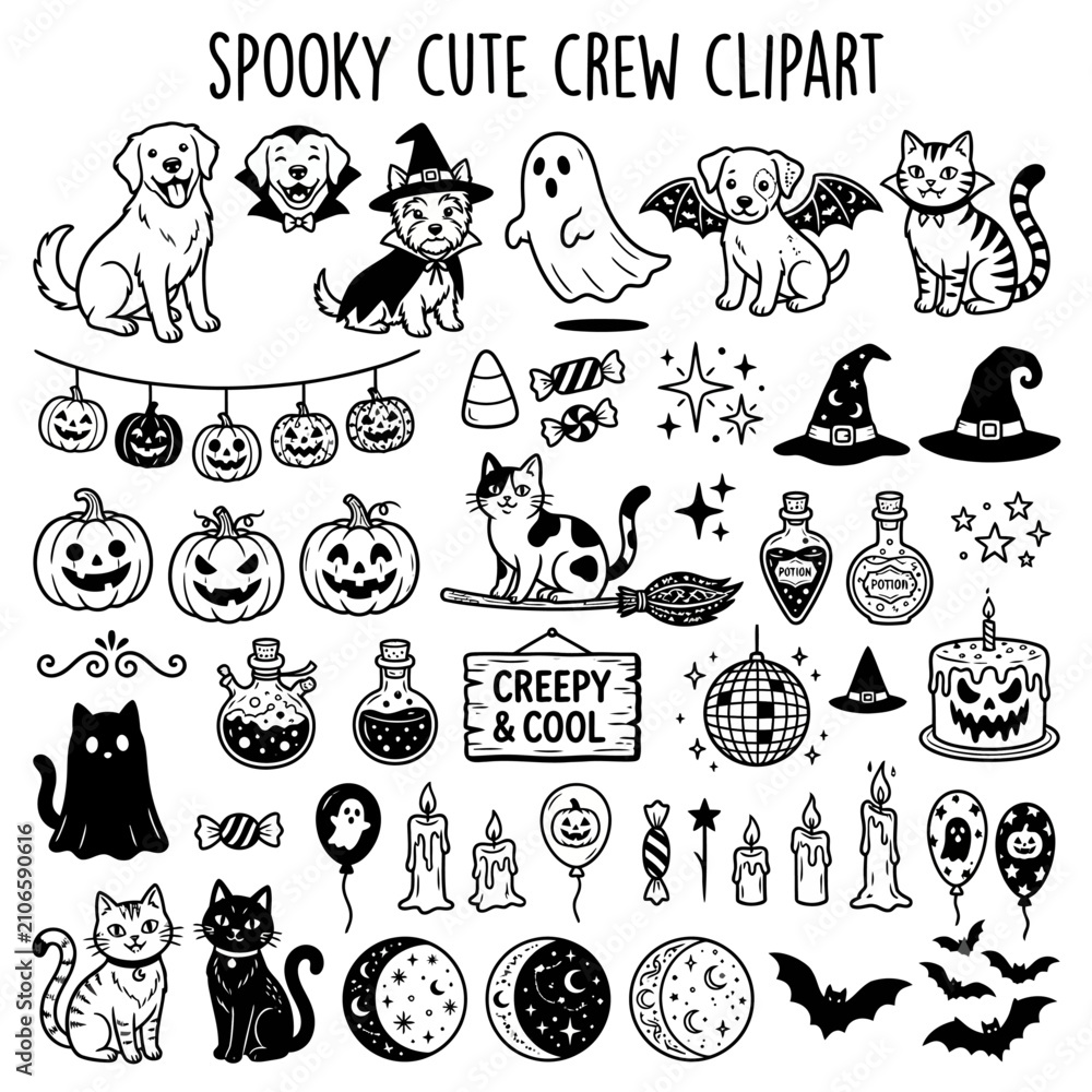 Fototapeta premium Halloween trick or treat vector illustrations set. Spooky cartoon icons for party invitations, decorations, and social media posts.