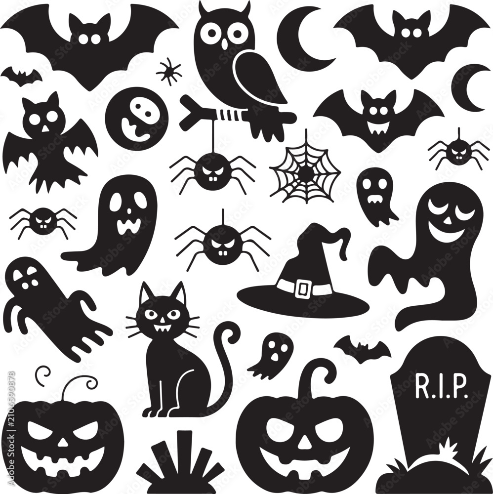 Obraz premium Halloween-themed black and white vector icons collection