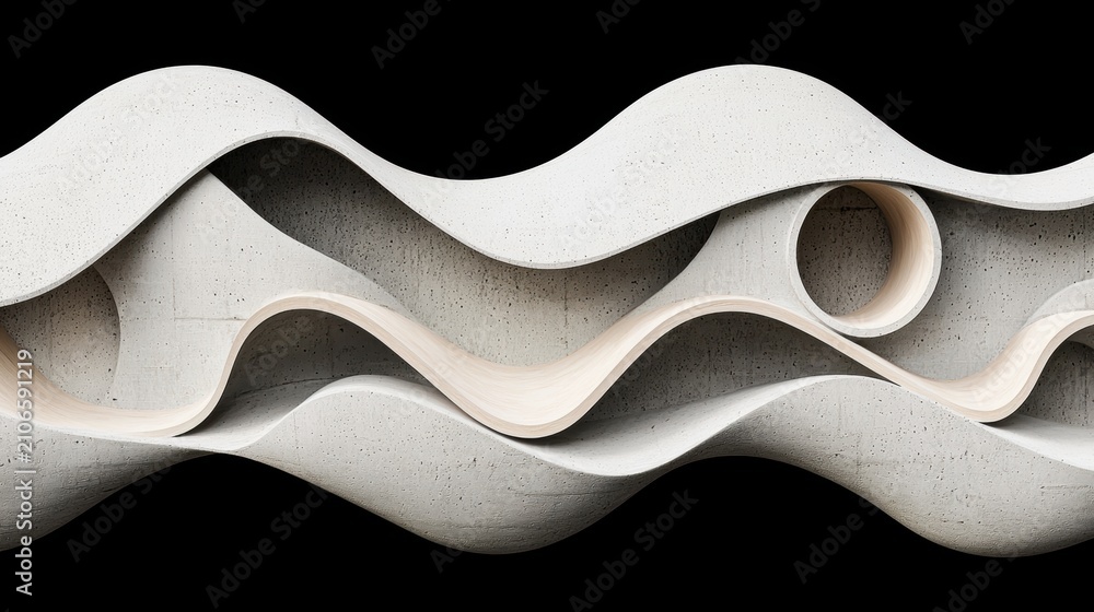 Fototapeta premium Abstract Artwork: A 3D rendering of a wave-like structure composed of white concrete with a beige interior.