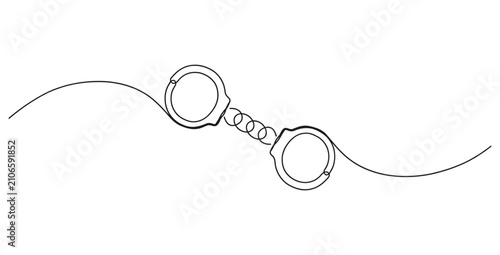 Obraz na plátne Single line art of a pair of handcuffs connected by a metal chain with handcuffs