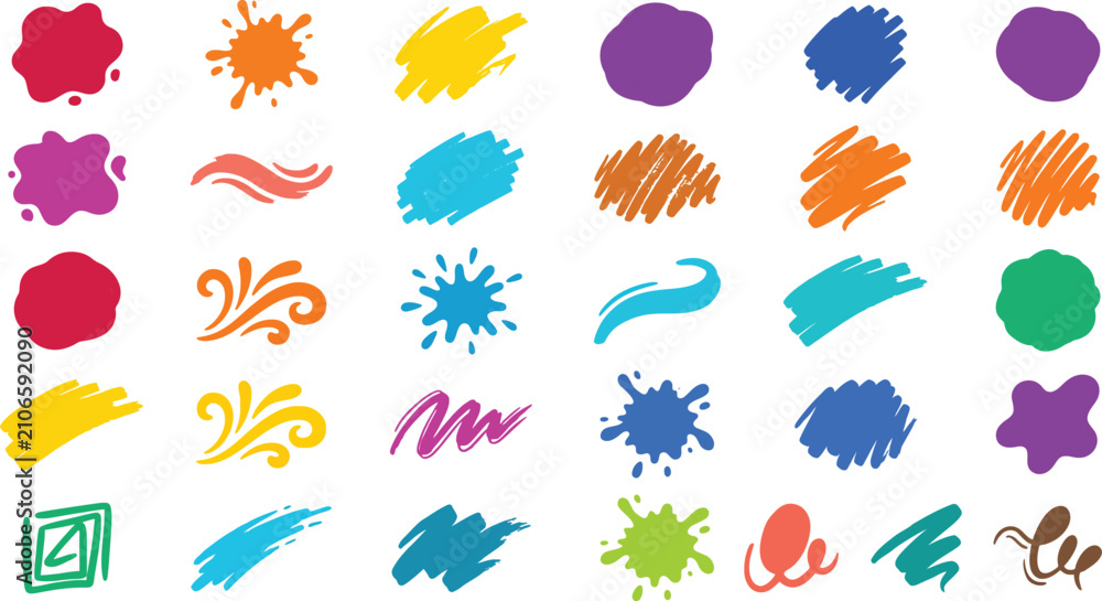 Fototapeta premium Set of colorful hand drawn scribble splash brush strokes and ink spots isolated on transparent background for creative graphic design work.