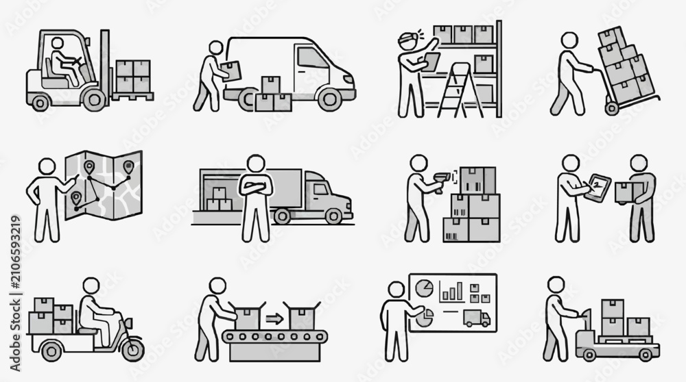 Obraz premium Minimalist Black and White Line Icons Set Featuring Logistics Warehouse Operations and Delivery Processes