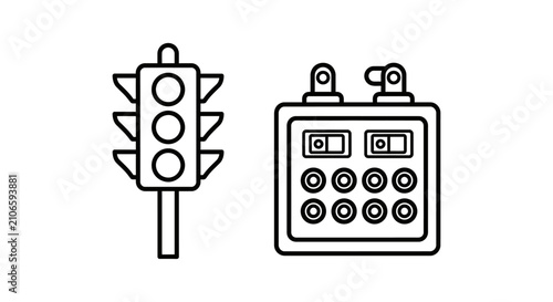 Traffic light signal and industrial control panel line icons with industrial automation equipment electrical technology transport junction management interface monitoring operation