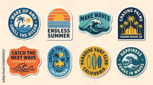 Retro summer surfing travel adventure vacation badges and stickers with ocean palms and waves designs