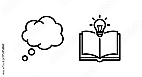 Creative concept icon set showing a thought bubble and an open book with a glowing lightbulb idea education knowledge learning lightbulb innovation creativity thinking imagination