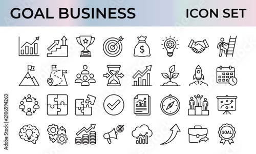 Business goal icon set. Professional vector symbols for corporate strategy and growth.