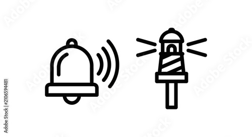 Notification bell and lighthouse beacon line icons with lighthouse notification maritime navigation clanging guidance shipping emergency communication alerting attention vibration