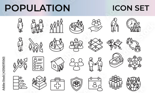 Population and demographics icon set. Vector line icons for social statistics and data.