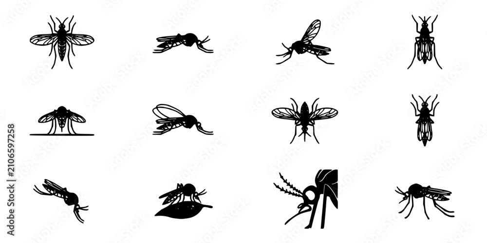 Fototapeta premium Mosquitoes Ink Sketch Icons, Black-and-White Insect Silhouettes with Varied Poses and Wing Details Featuring Bug, Vector, Icon