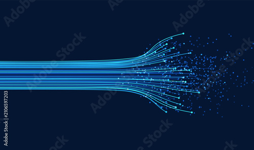 Obraz na plátne Blue data lines flow across a dark technology background and scatter into particles