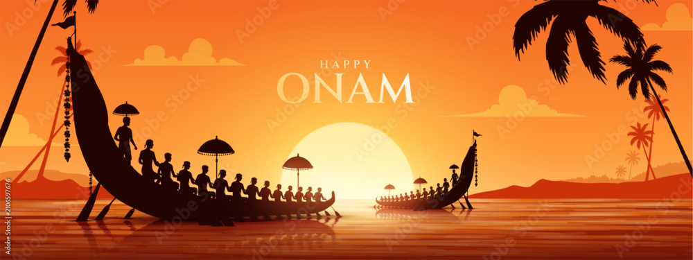 Obraz premium Onam celebration background for Happy Onam festival of South India Kerala. South India Kerela festival happy Onam celebration greetings. Happy Onam celebration greetings.