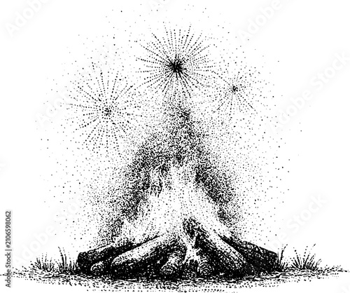 Bonfire with sparks and fireworks over burning logs for guy fawkes night background and celebration banner
