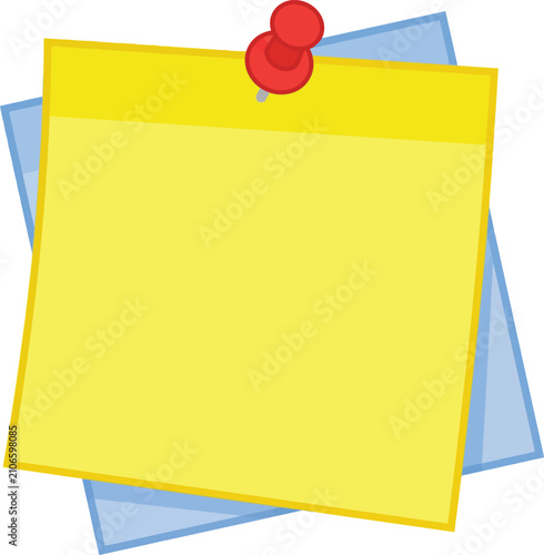 Empty yellow sticky note with red push pin on blue paper, isolated on transparent checkered background, communication and reminder concept.