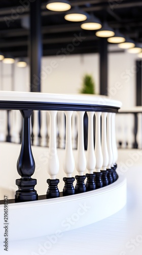 Modern white and black metal railing. Curved staircase balustrade in a contemporary interior.
