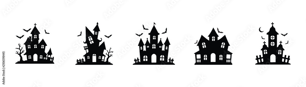 Fototapeta premium Spooky Haunted House Collection – Halloween Castle and Ghostly Home Icons, EPS 10