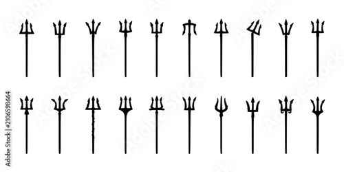 Tridents Arrangement of Multiple Three-Pronged Weapons in Black Ink Silhouette Style on White Background