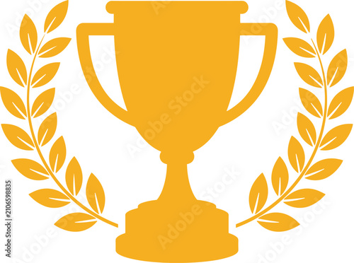 Golden trophy cup with laurel wreath, winner award icon, victory symbol vector
