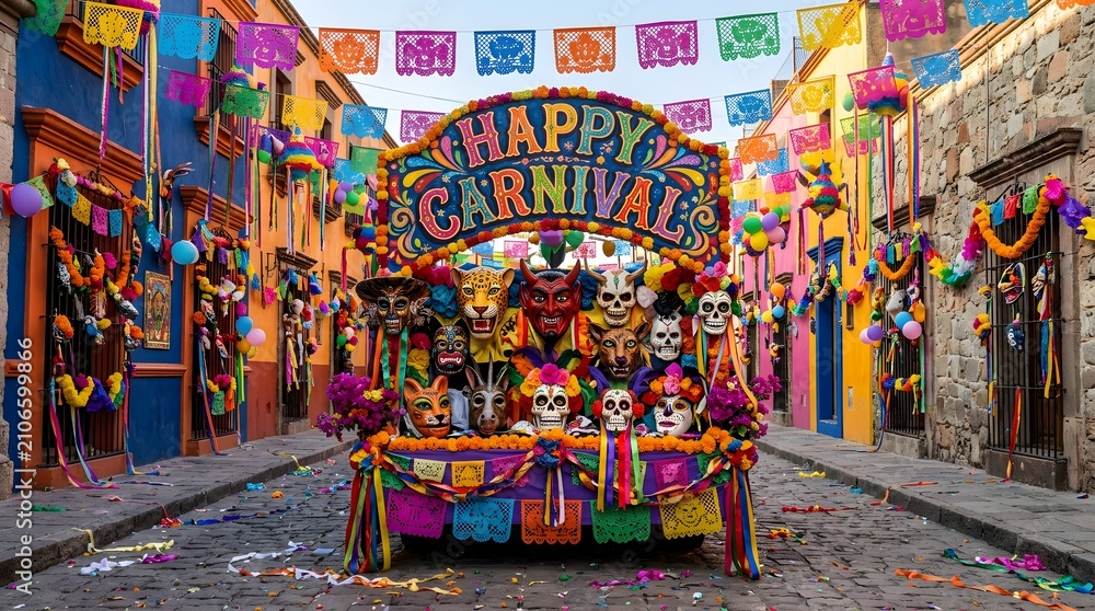 Obraz premium Colorful mexican carnival float with decorative masks and papel picado banners