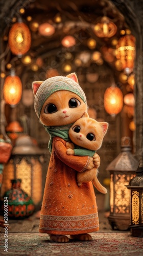 Two adorable orange kittens wearing traditional muslim clothing and scarves, holding each other close in a festive