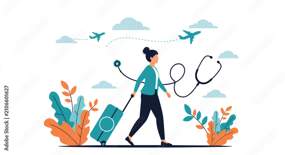 Fototapeta premium Woman traveling with a suitcase and a stethoscope tracing her path, with airplanes flying, symbolizing medical tourism or travel health.