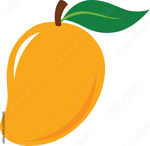 Flat Mango Fruit Icon with Green Leaf, Minimal Tropical Fruit Vector Symbol Isolated on White Background
