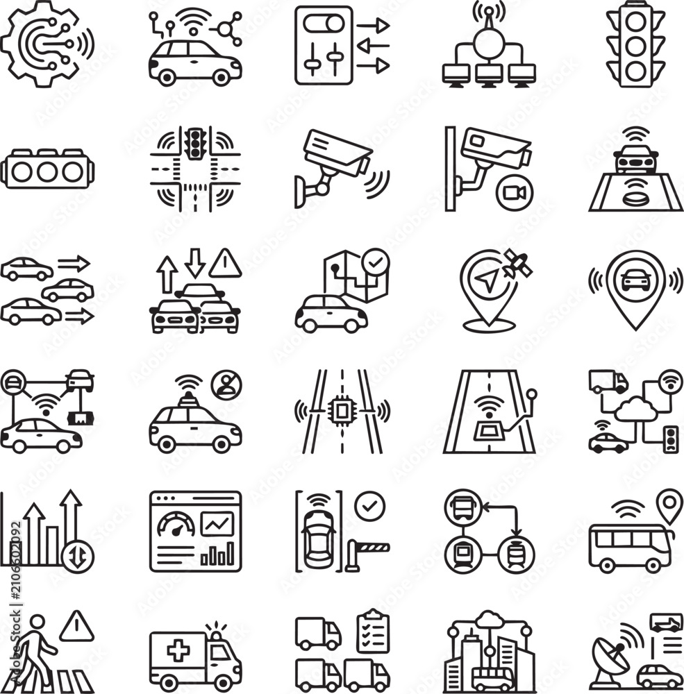 Fototapeta premium Intelligent Traffic Systems Line Icons for Smart Mobility, Traffic Management, Connected Transport and Vector Icon Set