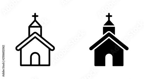 Quadro su tela Minimalist church icon set, black outline and solid chapel vector, religious bui