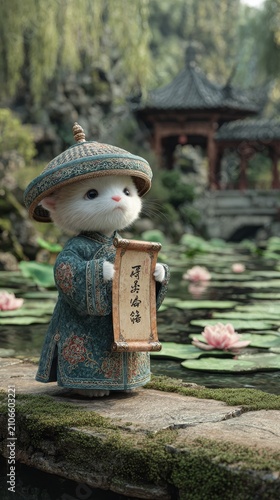Whimsical white kitten dressed as a traditional chinese scholar holds a scroll near a tranquil pond with water lilies