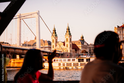 The Elisabeth Bridge seen from the Danube River in Budapest, Hungary.