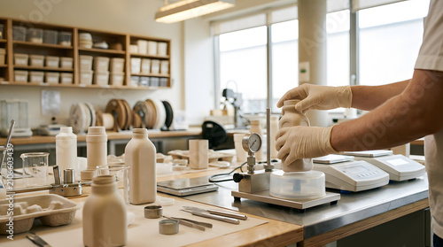 Researcher testing prototypes on laboratory workbench with bottles