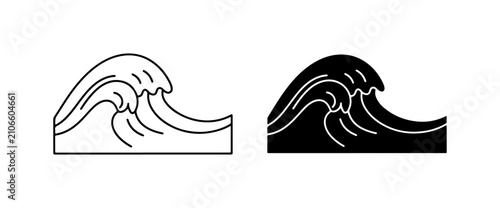 Schilderij op canvas Ocean Wave Icons, Black and White Sea Swell Vector Graphics, Surfing and Nautica