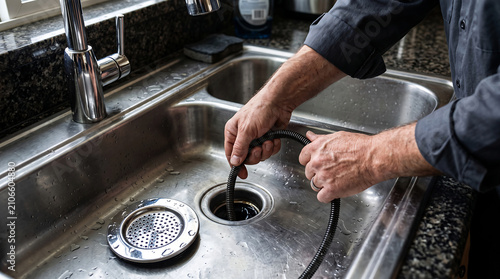 Professional plumber fixing a clogged kitchen sink drain with a flexible cleaning tool