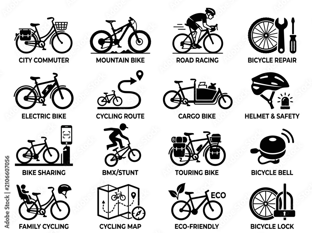 Fototapeta premium Bicycle Icons Collection: Various Cycling Types and Accessories