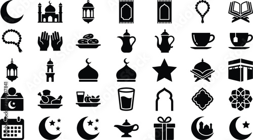 A collection of black Islamic icons on a white background