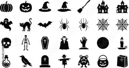 A collection of black Halloween icons on a white background