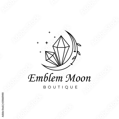 Crescent moon logo with crystal stones and stars in a line art design style that gives a magical and elegant impression.