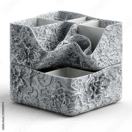 Floral lace desktop organizer combining elegant decorative textures with practical storage.