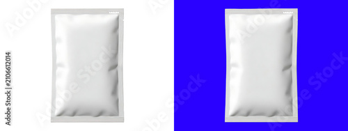 Canvas Print A blank white plastic food sachet or pouch packaging mockup, isolated on a white