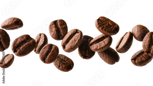фотографія Isolated brown roasted coffee beans falling, scattered, detailed macro view of fresh aromatic coffee