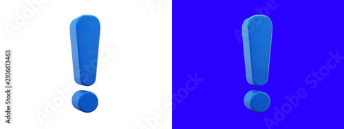 Fotografie A three dimensional blue exclamation mark with a rounded shape, isolated on a wh