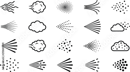 Фотография Steam spray water particle icon vector set with smoke clouds dust and mist splas