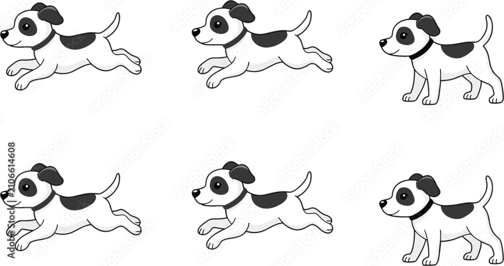 Obraz premium Cute cartoon puppy activity poses, playful dog vector illustration featuring running standing and jumping pet character collection