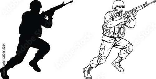 Εκτύπωση καμβά Military soldier aiming assault rifle, tactical combat vector illustration with