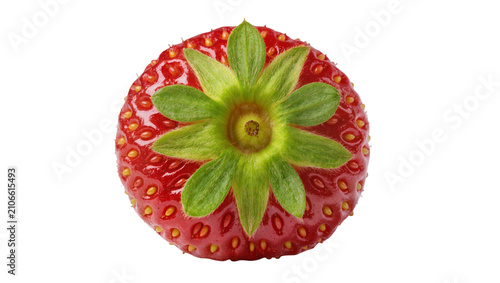 Isolated perfect fresh ripe red strawberry with green calyx leaves captured from above
