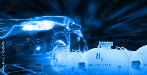 Quadro su tela Electric car with H2 fuel storage tank