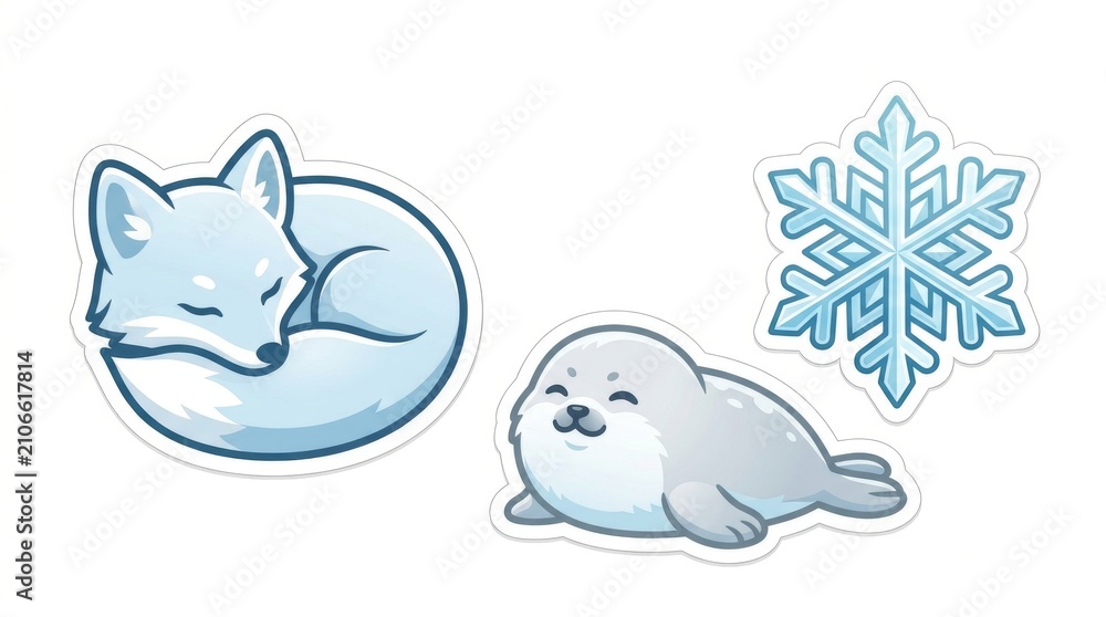 Fototapeta premium Cute winter sticker set with arctic fox seal pup and snowflake