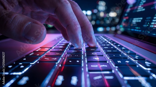 Fingers typing on illuminated laptop keyboard with city lights background
