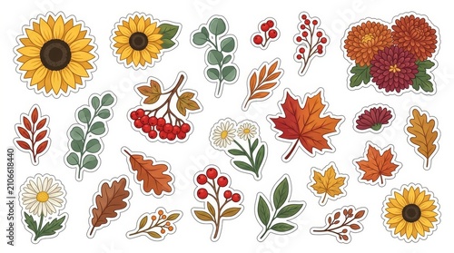 Set of autumn floral stickers with sunflowers and falling leaves