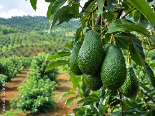 Avocado tree with hanging ripe avocados on a farm